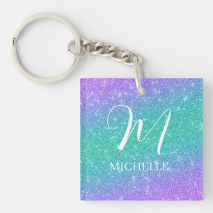 Purple and Green Faux Glitter Name and Initial Key Ring