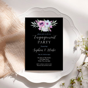 Purple and Green Floral   Black Engagement Party Invitation