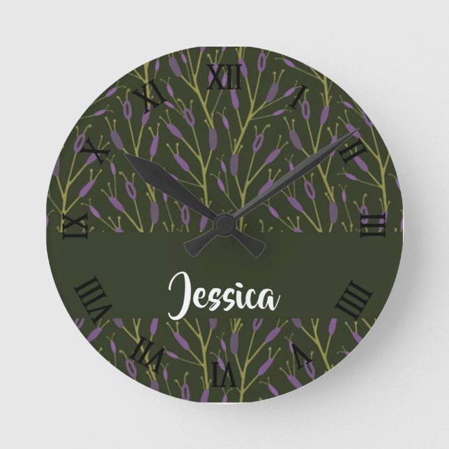 Purple and green floral branches pattern round clock (Front)
