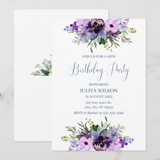 Purple and green Floral girls Birthday Party  Invitation (Front/Back)