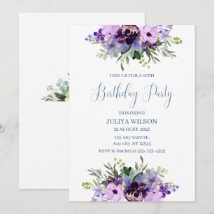 Purple and green Floral girls Birthday Party  Invitation