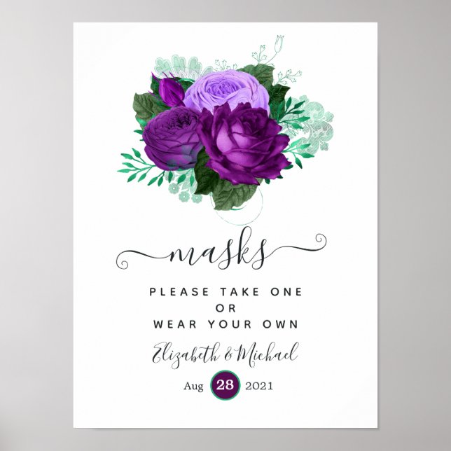 Purple and Green Floral Wedding Face Masks Poster (Front)