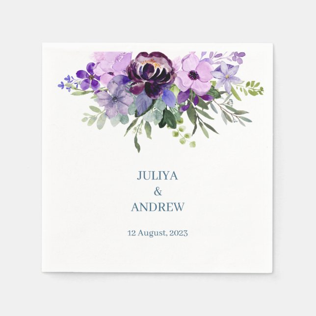 Purple and green floral wedding  napkin (Front)