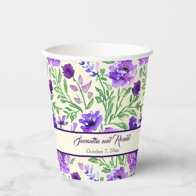 Purple and Green Floral Wedding Paper Cups (Front)