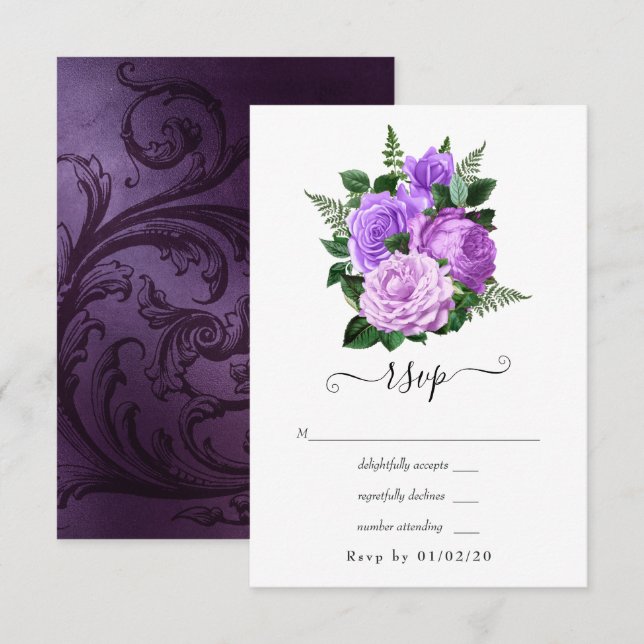 Purple and Green Floral Wedding RSVP Card (Front/Back)