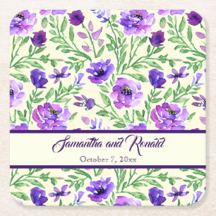 Purple and Green Floral Wedding Square Paper Coaster