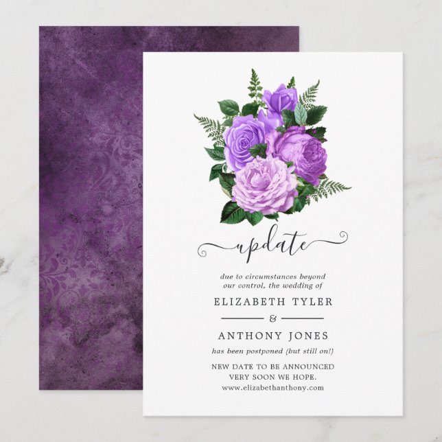 Purple and Green Floral Wedding Update Invitation (Front/Back)