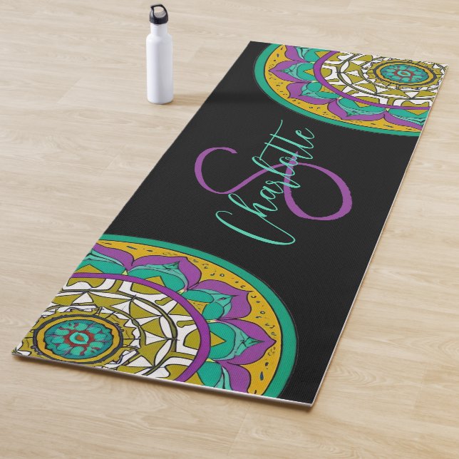 Purple and Green Flower Mandala Monogram Yoga Mat (In Situ)