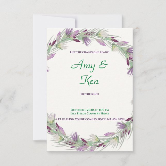 Purple and Green Flower Wreath Wedding Invitation (Front)