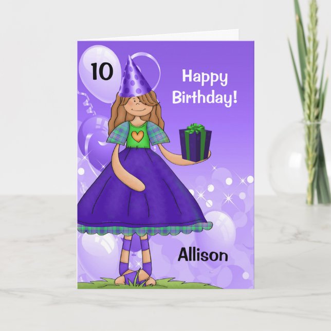 Purple and Green Girl with Age Birthday Card (Front)