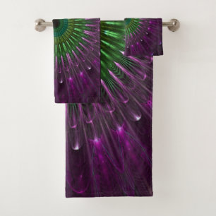 Purple and Green Glass Floral Fractal Bath Towel Set