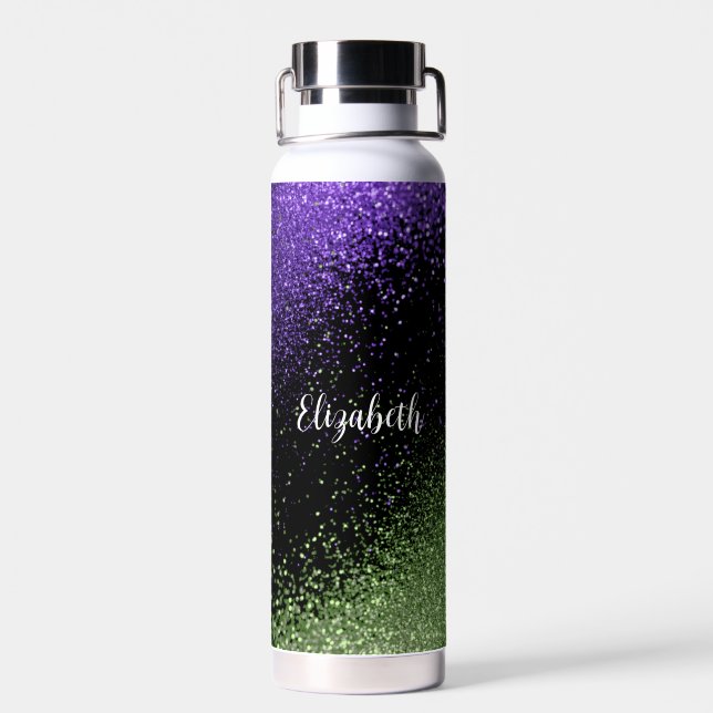 Purple and Green Glitter on Black Water Bottle (Back)