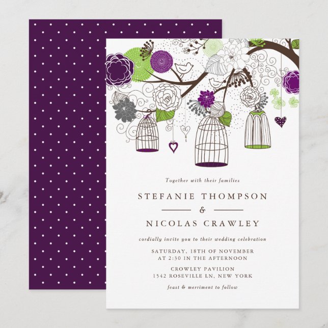 Purple and Green Hanging Birdcages Wedding Invitation (Front/Back)