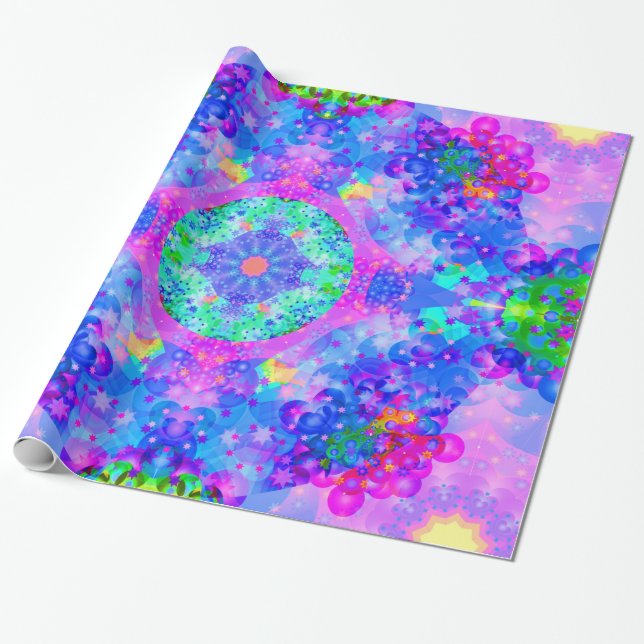 Purple and Green Kaleidoscope Fractal Art Wrapping Paper (Unrolled)