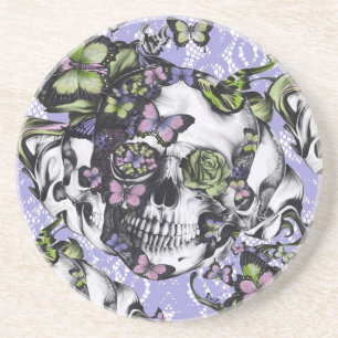 Purple and green lace butterfly skull case coaster