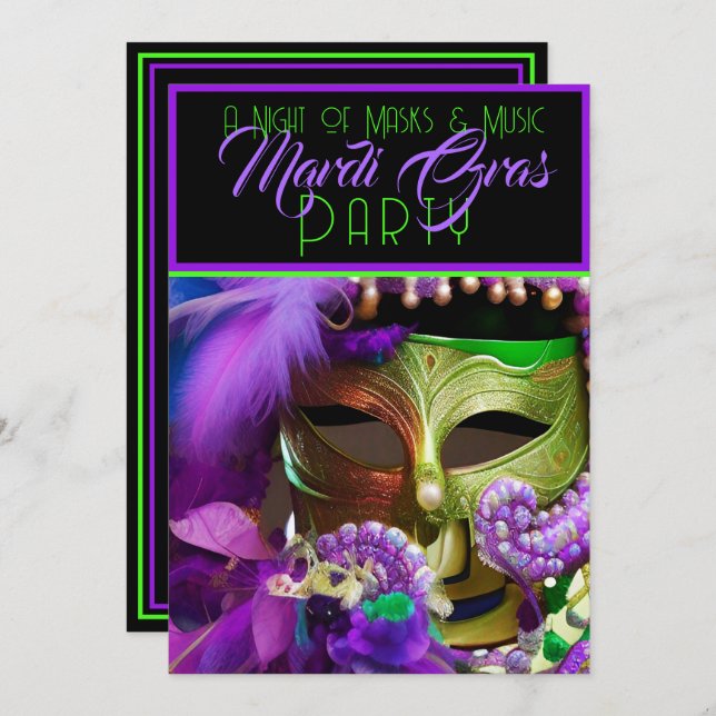 Purple And Green Mardi Gras Mask Invitation (Front/Back)