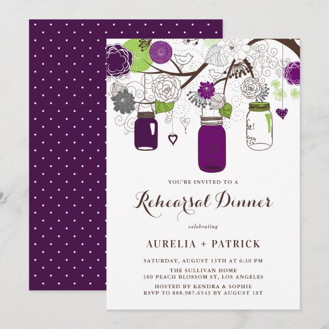 Purple and Green Mason Jars Rehearsal Dinner Invitation (Front/Back)