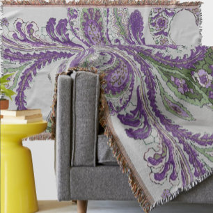 Purple and Green Paisley Floral Pattern Throw Blanket