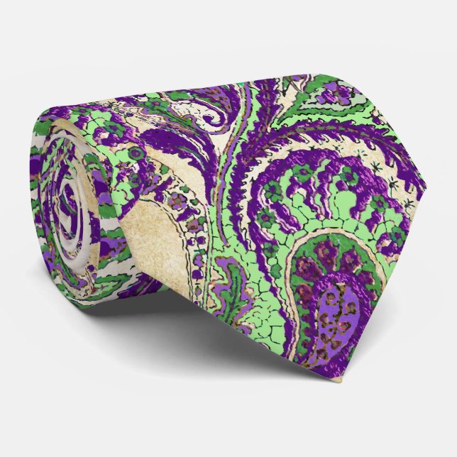 Purple and Green Paisley Wedding Tie (Rolled)