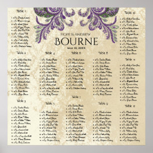 Purple and Green Peacock Seating Chart 12 Tables