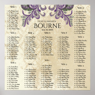 Purple and Green Peacock Seating Chart 12 Tables