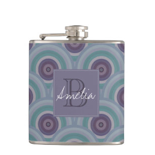 Purple and Green Retro Circles Pattern Monogram Hip Flask