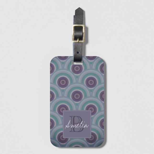 Purple and Green Retro Circles Pattern Monogram Luggage Tag (Front Vertical)