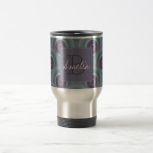 Purple and Green Retro Circles Pattern Monogram Travel Mug