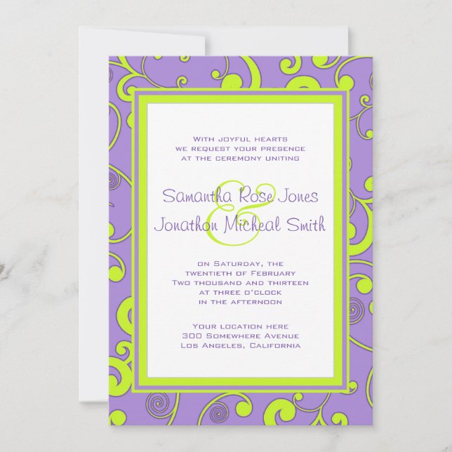 Purple and Green Scroll Wedding Invitation (Front)