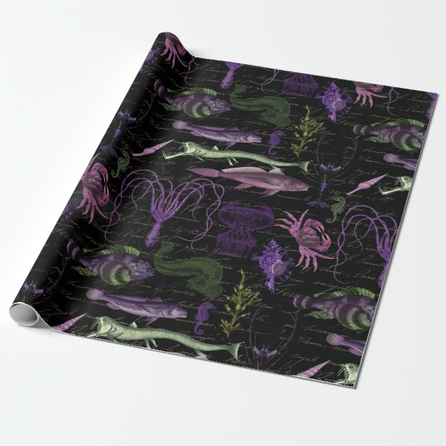 Purple and Green Sea Creatures on Black Wrapping Paper (Unrolled)