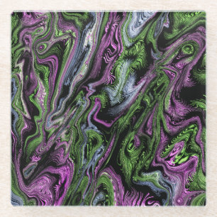Purple and Green Silk Thread Effect Liquid Art Glass Coaster