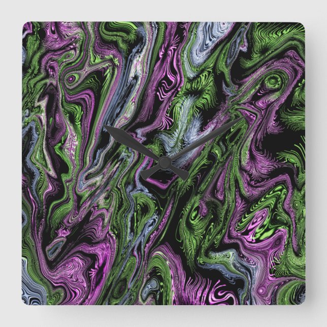 Purple and Green Silk Thread Effect Liquid Art Square Wall Clock (Front)