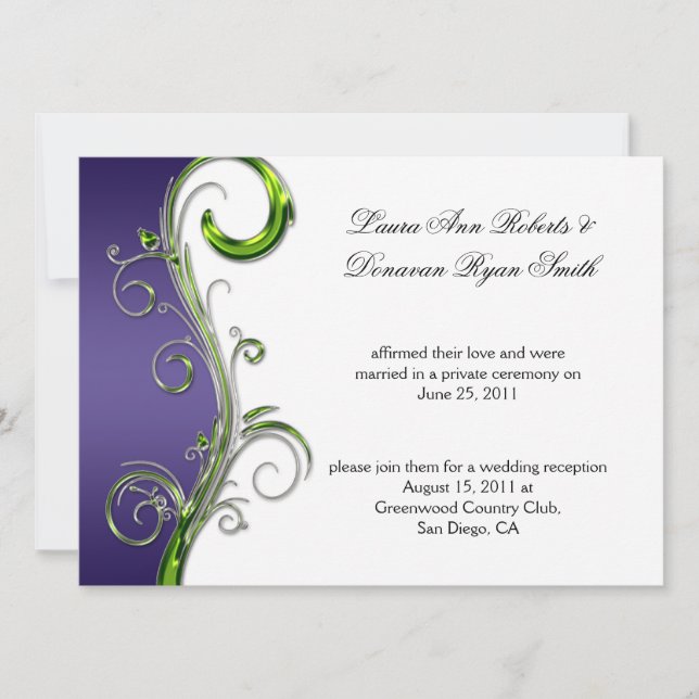 Purple and Green Silver Ornate Swirl Post Wedding Invitation (Front)