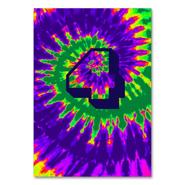 Purple and Green Spiral Tie Dye Wedding Table Four Table Number (Back)