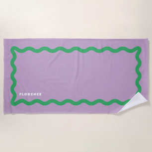 Purple and Green Squiggle with Text Beach Towel