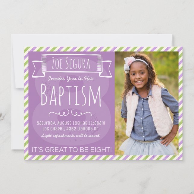 Purple and Green Stripe LDS Baptism Announcement (Front)