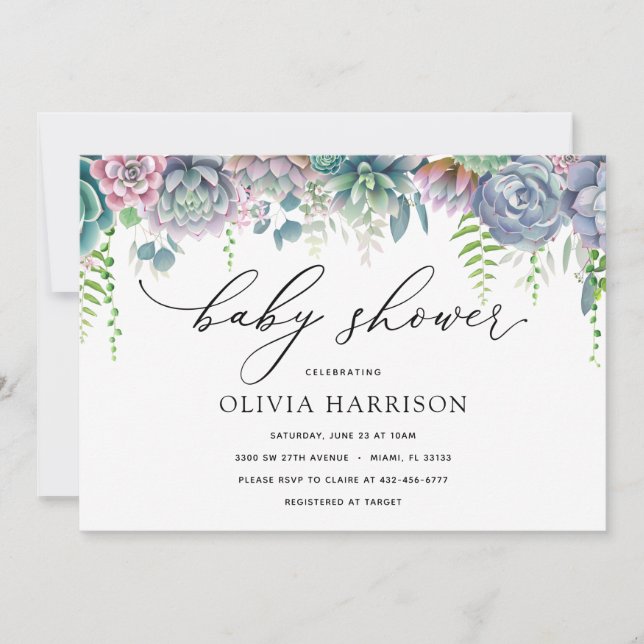 Purple and Green Succulent Baby Shower Invitation (Front)