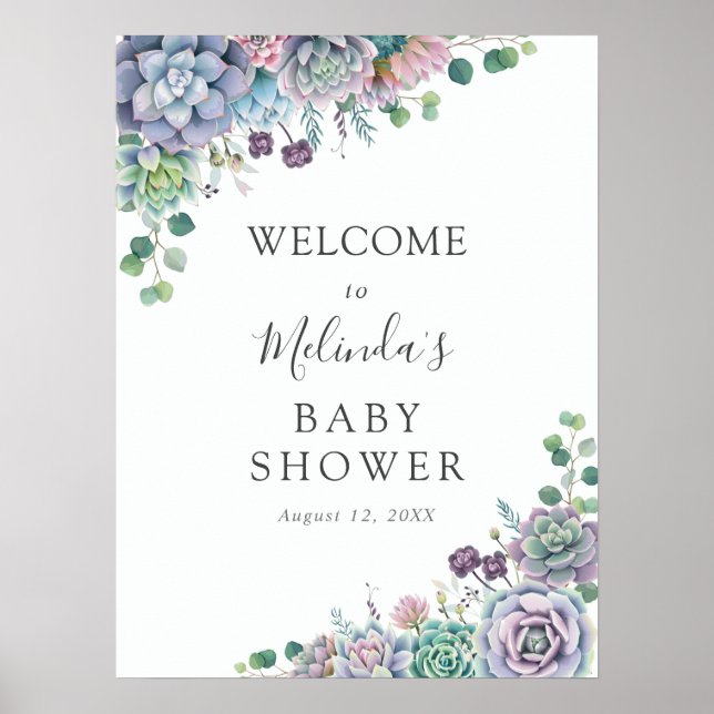 Purple and Green Succulent Baby Shower Welcome Poster (Front)