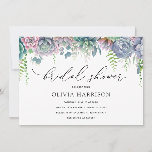 Purple and Green Succulent Bridal Shower Invitation (Front)