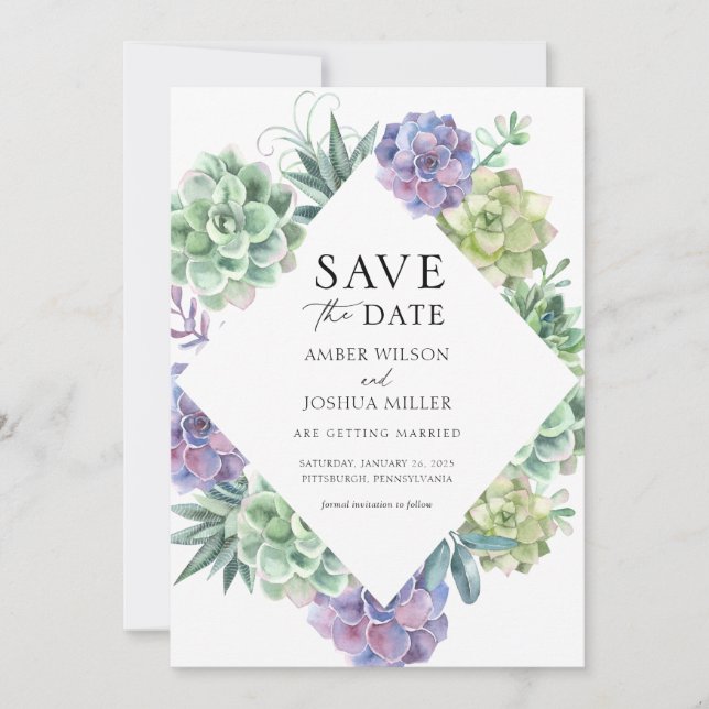 Purple and Green Succulents Wedding Save the Date Invitation (Front)
