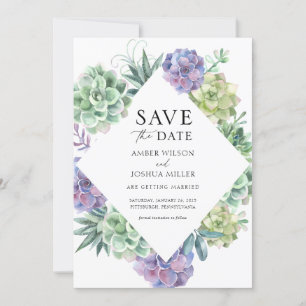 Purple and Green Succulents Wedding Save the Date Invitation