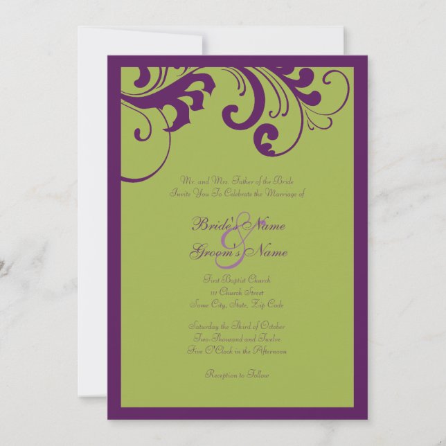 Purple and Green Swirls Frame Wedding Invitation (Front)