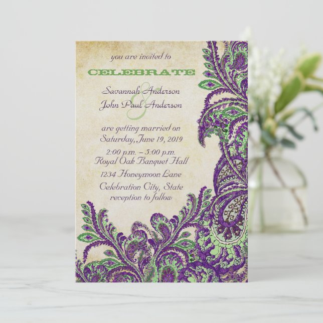 Purple and Green Vintage Peacock Paisley Wedding Invitation (Standing Front)