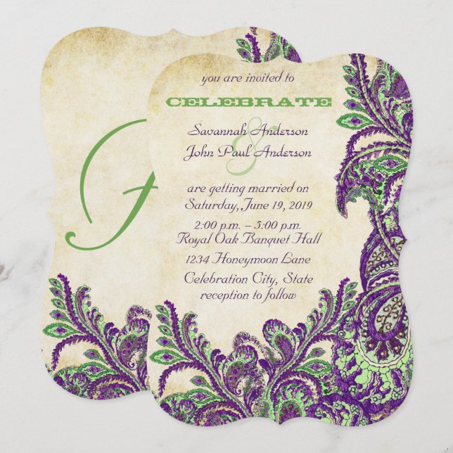 Purple and Green Vintage Peacock Paisley Wedding Invitation (Front/Back)