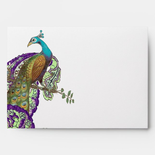 Purple and Green Vintage Peacock Wedding Envelope (Front)