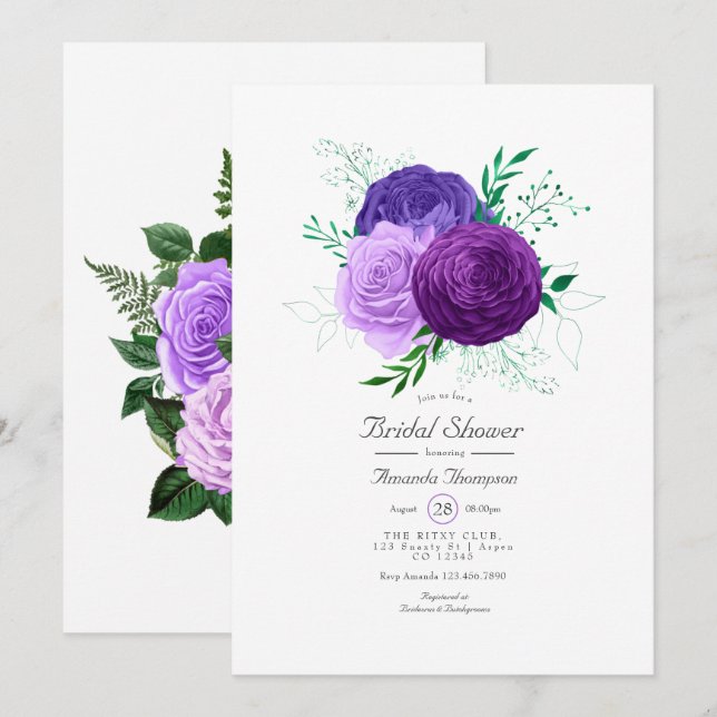 Purple and Green Watercolor Floral Bridal Shower Invitation (Front/Back)