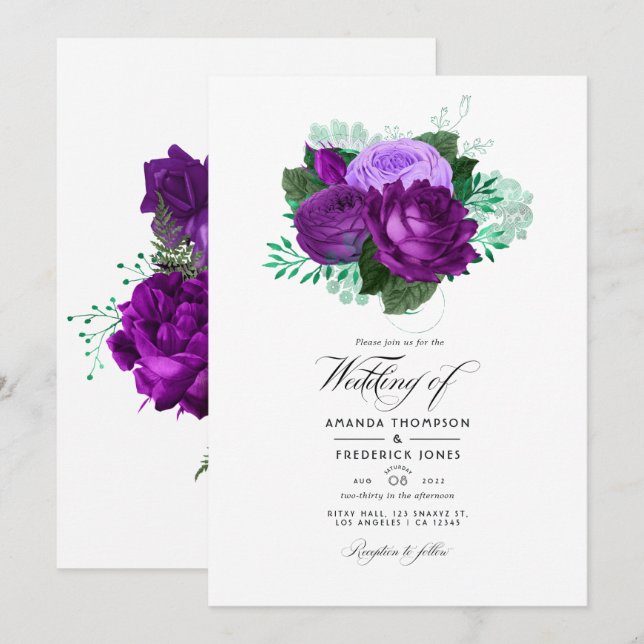 Purple and Green Watercolor Floral Wedding Invitation (Front/Back)