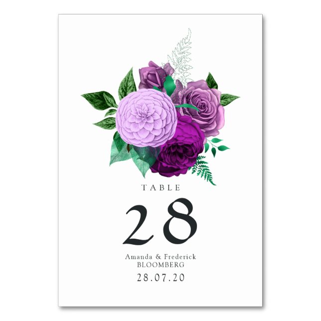 Purple and Green Watercolor Floral Wedding Table Number (Front)
