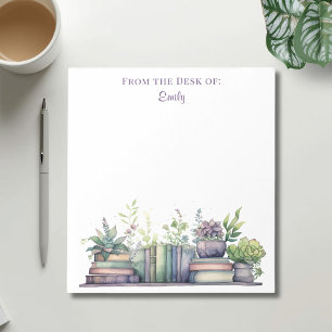 Purple and Green Watercolor Plant and Book Notepad