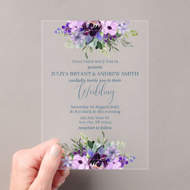 Purple and green watercolour Floral wedding Acrylic Invitations (Insitu (Handheld))